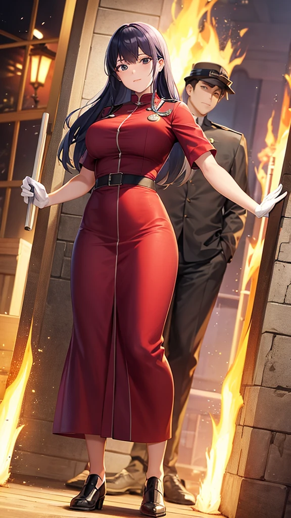 Firefighter、tall、woman、whole body、front、put on gloves、Fireproof clothing
