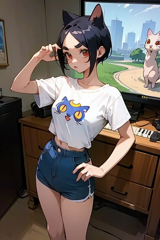 anime style,artistic, masterpiece,best quality,ssuper detailed,super fine illustration, highly detailed, dynamic angle, beautiful detailed, 8k,detailed background, On a summer afternoon, in a music studio, BREAK a female is dancing  . She is wearing a white T-shirt with a graffiti art-style cat illustration.Break very short hair,flat chest,black  hair,red-eyes,(full-face brasched:1.3),perfect hands,perfect fingers,Tsurime ,thick eyebrows,holding microphone in right hand,headset,pov,perfect legs,cool,cat years,cat pose,(LoRA:0.7),dancing