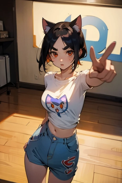 anime style,artistic, masterpiece,best quality,ssuper detailed,super fine illustration, highly detailed, dynamic angle, beautiful detailed, 8k,detailed background, On a summer afternoon, in a music studio, BREAK a female is dancing  . She is wearing a white T-shirt with a graffiti art-style cat illustration.Break very short hair,flat chest,black  hair,red-eyes,(full-face brasched:1.3),perfect hands,perfect fingers,Tsurime ,thick eyebrows,holding microphone in right hand,headset,pov,perfect legs,cool,cat years,cat pose,(LoRA:0.7),dancing