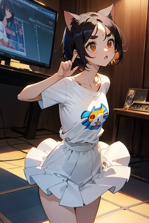 anime style,artistic, masterpiece,best quality,ssuper detailed,super fine illustration, highly detailed, dynamic angle, beautiful detailed, 8k,detailed background, On a summer afternoon, in a music studio, BREAK a female is dancing  . She is wearing a white T-shirt with a graffiti art-style cat illustration.Break very short hair,flat chest,black  hair,red-eyes,(full-face brasched:1.3),perfect hands,perfect fingers,Tsurime ,thick eyebrows,holding microphone in right hand,headset,pov,perfect legs,cool,cat years,cat pose,(LoRA:0.7),dancing