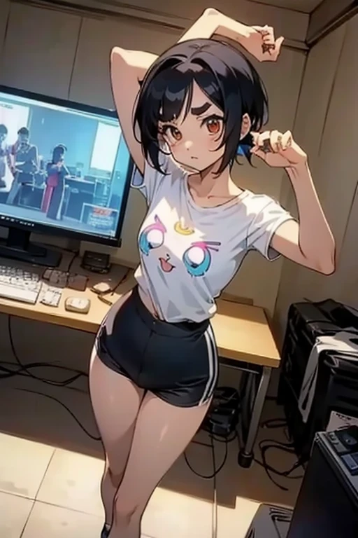 anime style,artistic, masterpiece,best quality,ssuper detailed,super fine illustration, highly detailed, dynamic angle, beautiful detailed, 8k,detailed background, On a summer afternoon, in a music studio, BREAK a female is dancing . She is wearing a white T-shirt with a graffiti art-style cat illustration.Break very short hair,flat chest,black hair,red-eyes,(full-face brasched:1.3),perfect hands,perfect fingers,Tsurime ,thick eyebrows,holding microphone in right hand,headset,pov,perfect legs,cool,cat years,cat pose,(LoRA:0.7),dancing