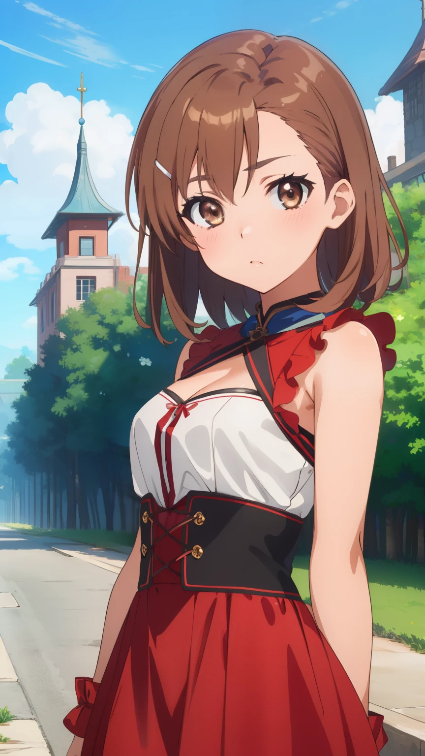 (masterpiece, best quality, 8k:1.2),Very detailed, (anime:1.1), misaka_mikoto, brown hair, medium hair, hairpin, , medium breasts, 1girl, (fantasy costumes), Cowboy shot, looking at viewer,