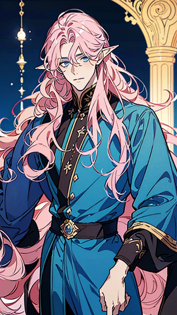 ((masterpiece)), ((one man)), man, man in late 30s, dark skin, blue eyes, detailed eyes, elve ears, pink hair, long hair, long curly hair, ((curly hair)), curly hair, tall, handsome, mature, blue clothes,
