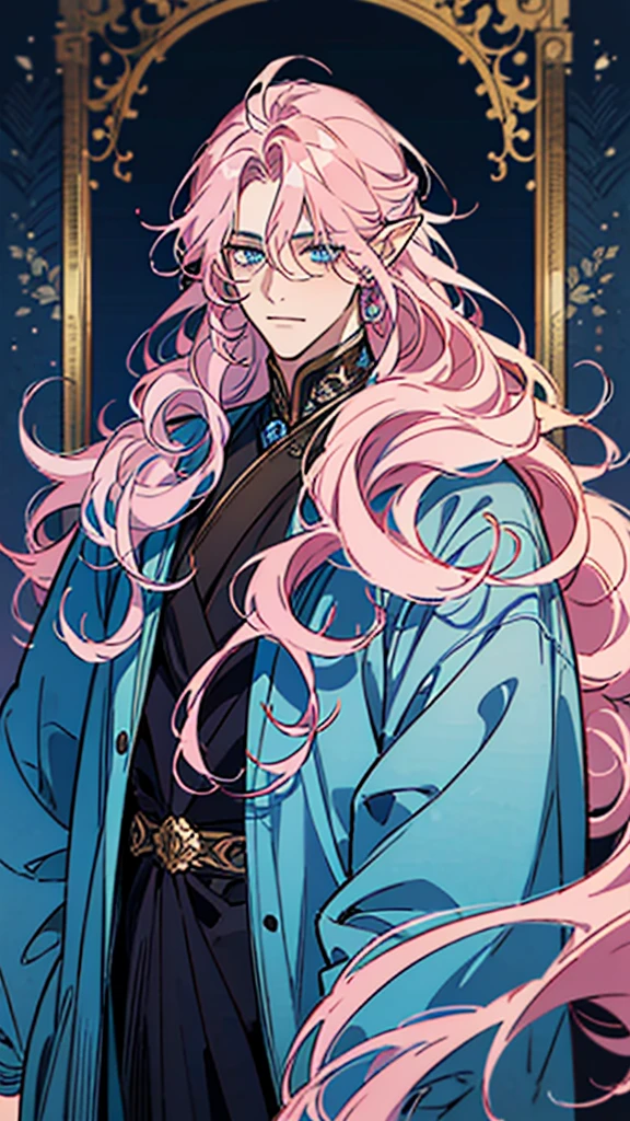 ((masterpiece)), ((one man)), man, man in late 30s, dark skin, blue eyes, detailed eyes, elve ears, pink hair, long hair, long curly hair, ((curly hair)), curly hair, tall, handsome, mature, blue clothes,
