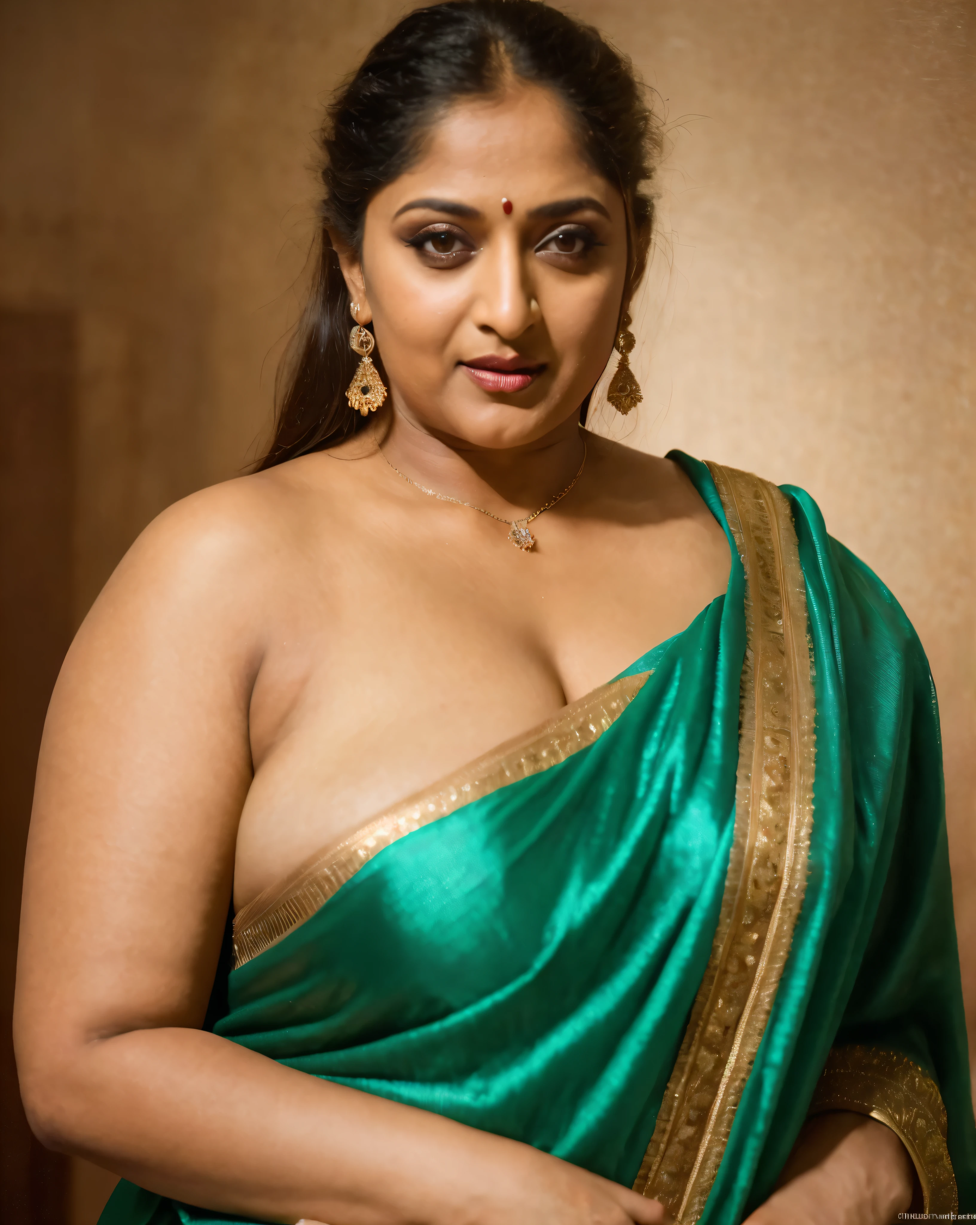 50yo mature MILF Anushka Shetty,((best quality)), ((masterpiece)), ((realistic)), eye kajal, mascara, red lips, sensual Beauty, provoking body, extreme sweat, sweat soaked skin, slight stretch marks, alluring figure, bulging figure, thick charming lady, curvy, thick navel, full figured woman, eye kajal, massive breast, full body, styled hair, pierced eyes, female face,royal aura, trend on artstation , sharp focus, studio photo, intricate detail, very detailed, detailed eye, illustration, very detailed, sharp focus, digital render, professional, 4k