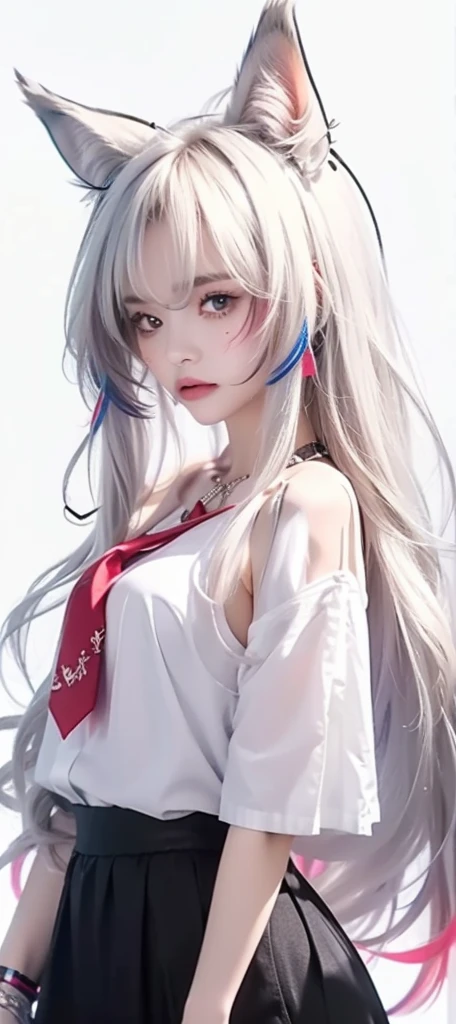 1 girl, animal_ear_Brushed, animal_ears, stripe, only_Shoulder, for that reason_hair, blush, Chest, cexist_ears, closure_Boca, eyebrow_appear_Door_hair, green_Eye, grey_background story, hair_at the same time_Eye, Khalil_(Prexistcess_Connectexistg!), length_hair, lookexistg for_exist_Viewer, Ease_Chest, rich and colorful_hair, shirt, simple_background story, sleeve, sleeve_shirt, 一人exist, whole body, White_background story, White_shirt,