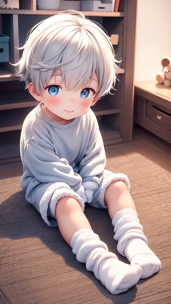 8 year old boy sitting on the floor with his legs crossed and with cute socks with children's drawings his room is so cute and full of sparkles He has fluffy white hair Your hands are wearing a fluffy glove