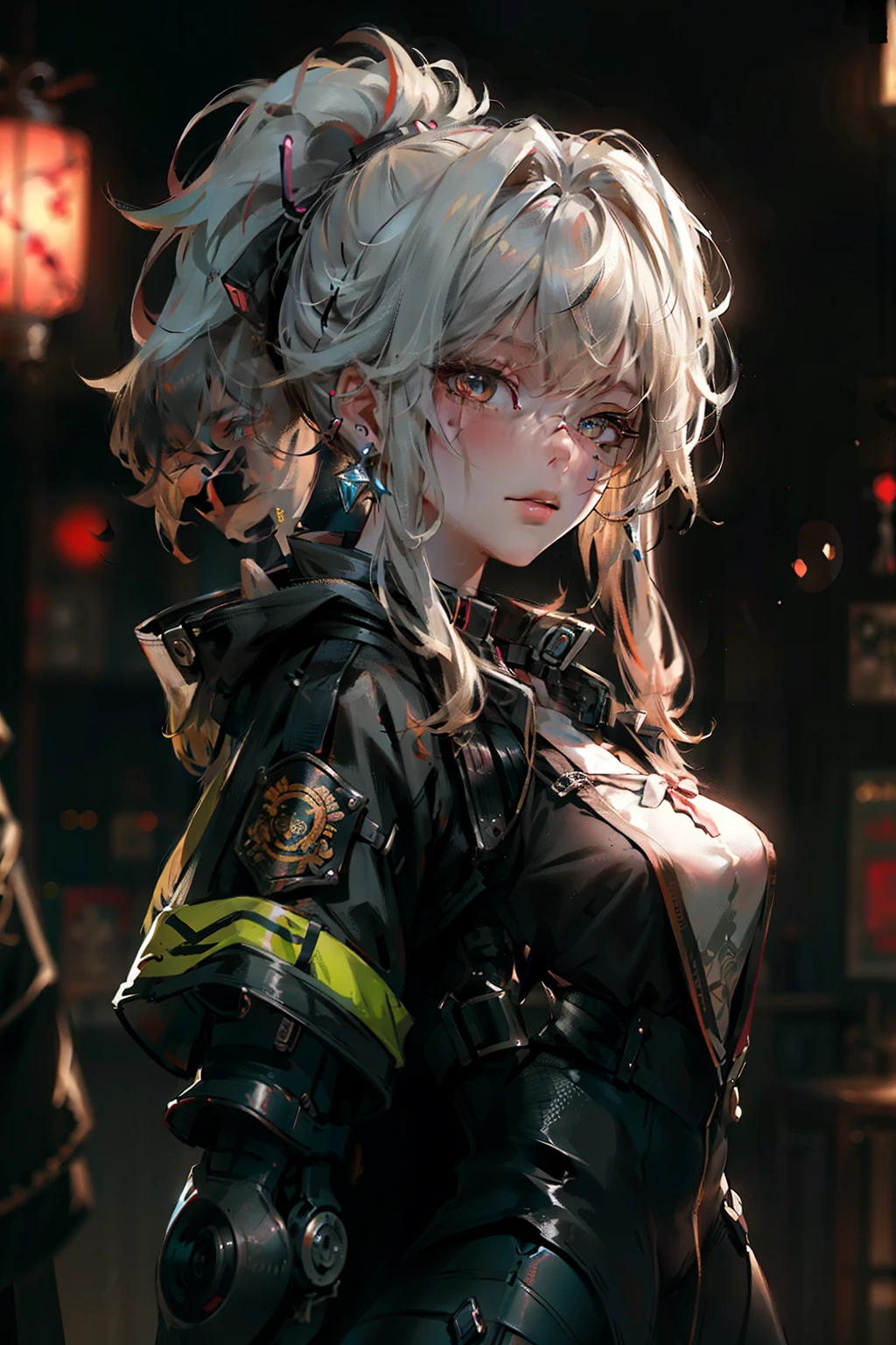 ((best quality)), ((Masterpiece)), (details:1.4), 3d, Image of a beautiful cyberpunk woman., HDR (high dynamic range), mature woman, high ponytail, blonde hair, future police, PBR surface, After processing, Anisotropic filtration,depth of field, Maximum clarity and clarity, multi-layered surface, perfect proportions, 8K raw files, future world, at night, Scars on the face,