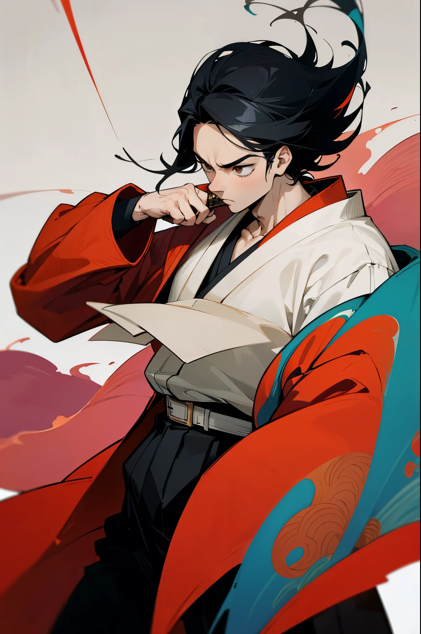 1 man, wearing a haori, the color palette is mainly dark with splashes of vibrant colors, tailored white shirts, fashionable, man, vibrant, outfit, colorful, accessory, majestic, sharp focus, modern, determined expression, serious face, Ink wash painting background, (cinematic), elaborate, holding japanese sword, katana, action pose, collarbone, muscular, red outline, arms in pockets