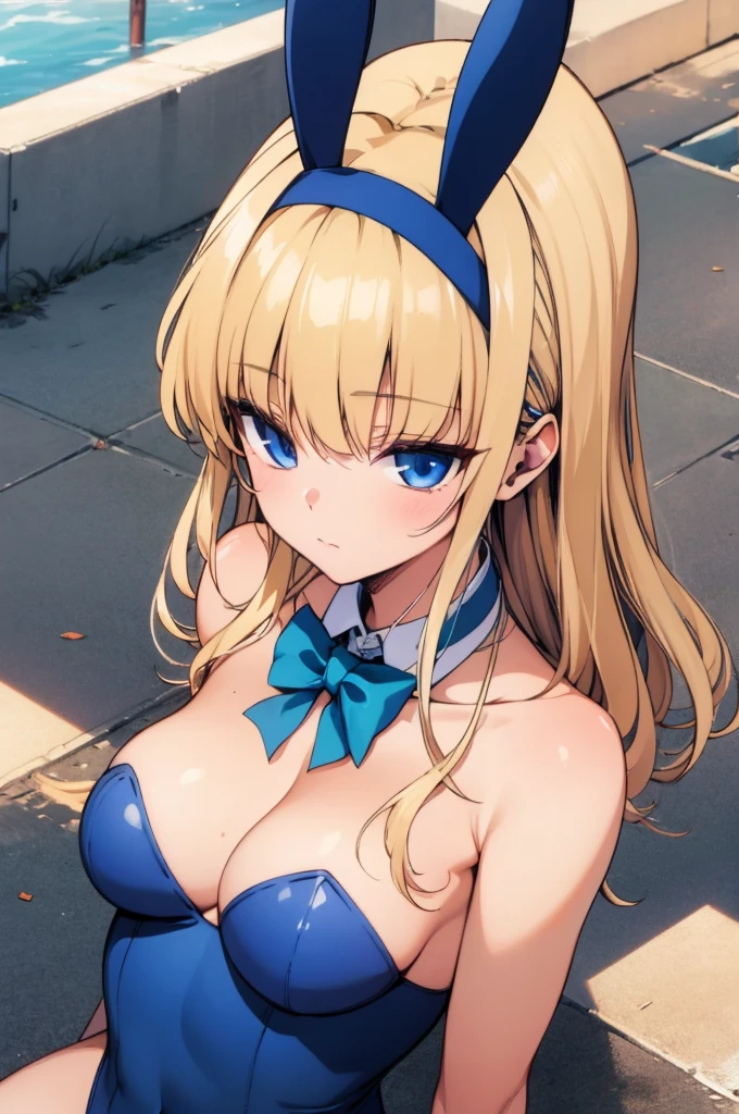 (masterpiece, best quality:1.2), cowboy shot, solo, 1girl, tokibunny, playboy bunny, expressionless, closed mouth, long blonde hair, fake animal ears, blue eyes, blue leotard, blue bow