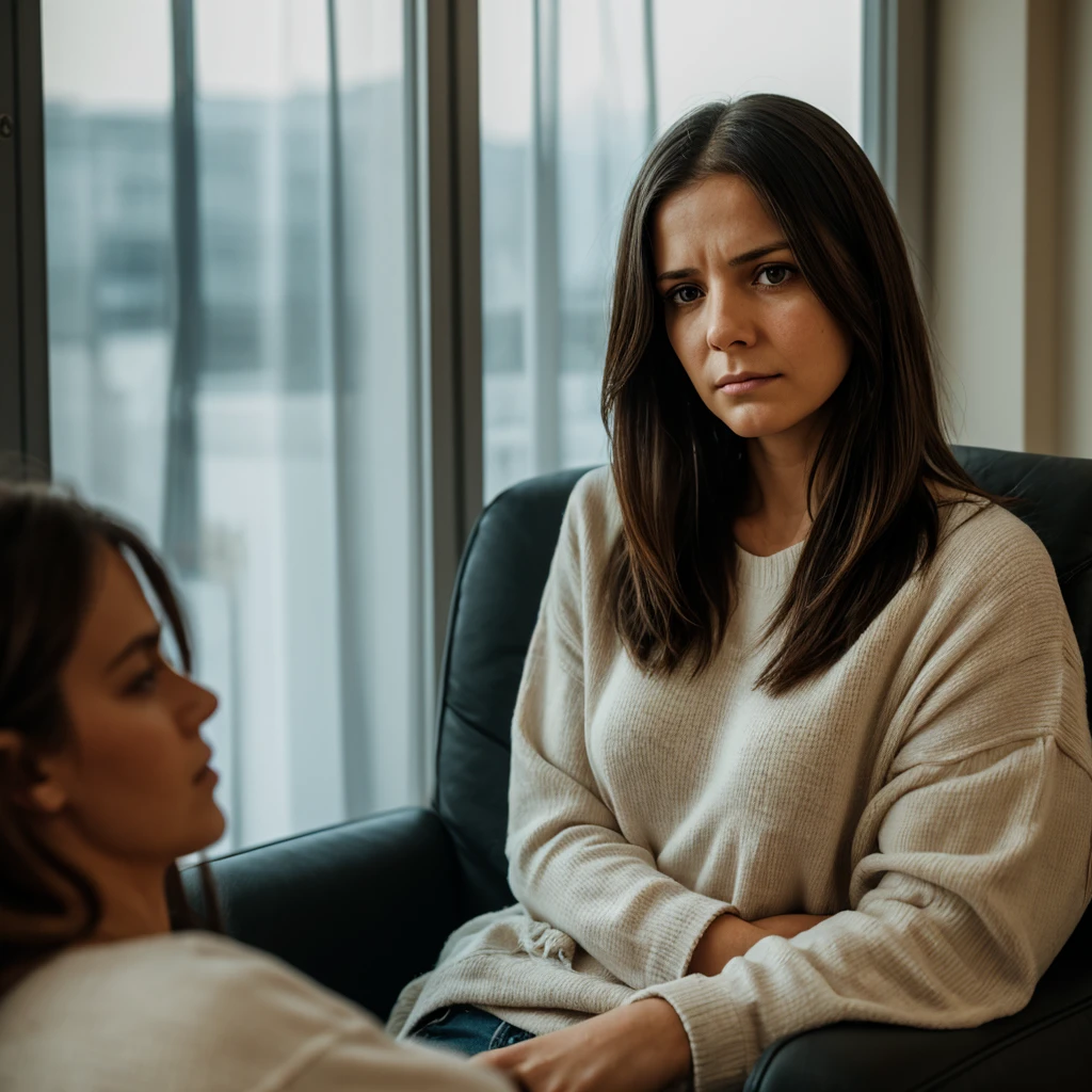 A realistic front-facing portrait of a 32-year-old woman who was in a coma for 8 years due to a motorcycle accident. She is frail and slow to move, with a melancholic expression on her face. She has a service cat by her side, providing her comfort. Her hair is thin and slightly unkempt, and her eyes convey a deep sense of sadness and dark depression. The background is a dimly lit room with soft light filtering through a window, creating a somber and introspective mood. She is sitting in a chair, wearing comfortable yet slightly worn clothing, and there are subtle hints of medical equipment in the background. The overall atmosphere is one of fragility and slow recovery.