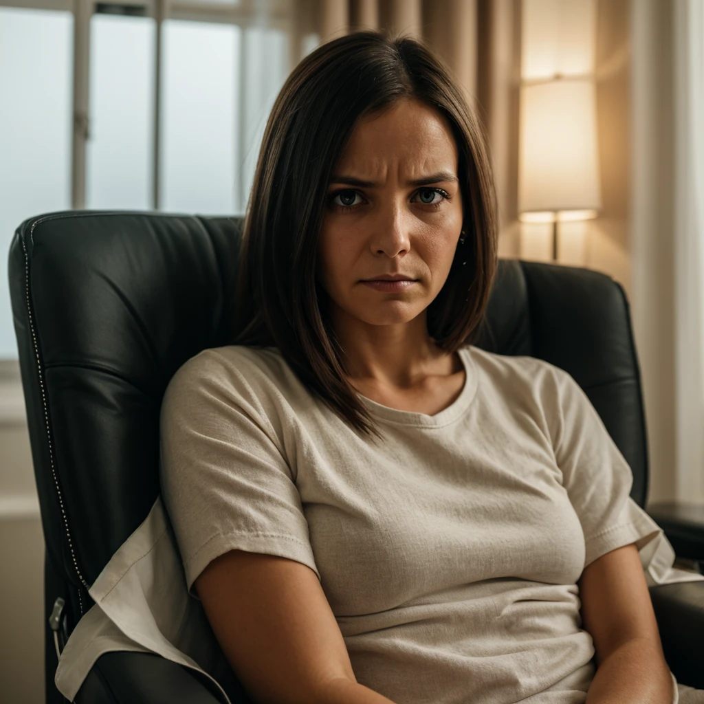 A realistic front-facing portrait of a 32-year-old woman who was in a coma for 8 years due to a motorcycle accident. She is frail and slow to move, with a melancholic expression on her face. She has a service cat by her side, providing her comfort. Her hair is thin and slightly unkempt, and her eyes convey a deep sense of sadness and dark depression. The background is a dimly lit room with soft light filtering through a window, creating a somber and introspective mood. She is sitting in a chair, wearing comfortable yet slightly worn clothing, and there are subtle hints of medical equipment in the background. The overall atmosphere is one of fragility and slow recovery.