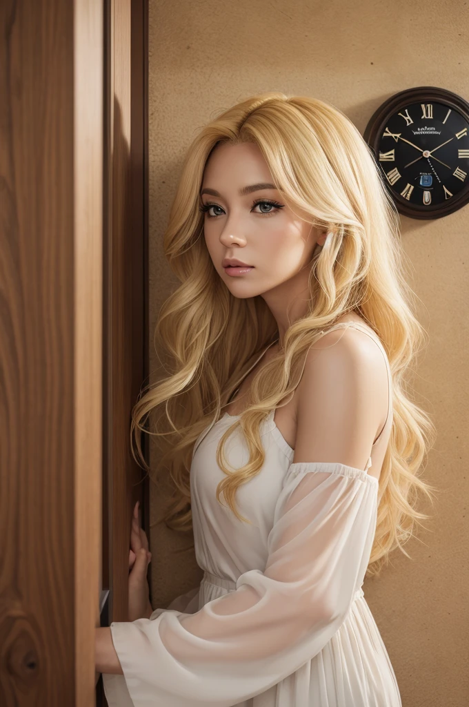 A lioness with blonde hair looking at the wall clock 