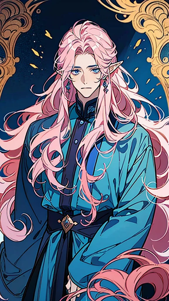 ((masterpiece)), ((one man)), man, man in late 30s, dark skin, blue eyes, detailed eyes, elve ears, pink hair, long hair, long curly hair, ((curly hair)), curly hair, tall, handsome, mature, blue clothes,
