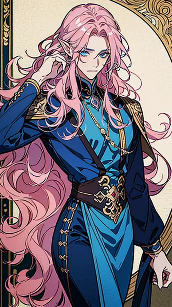 ((masterpiece)), ((one man)), man, man in late 30s, dark skin, blue eyes, detailed eyes, elve ears, pink hair, long hair, long curly hair, ((curly hair)), curly hair, tall, handsome, mature, blue clothes,
