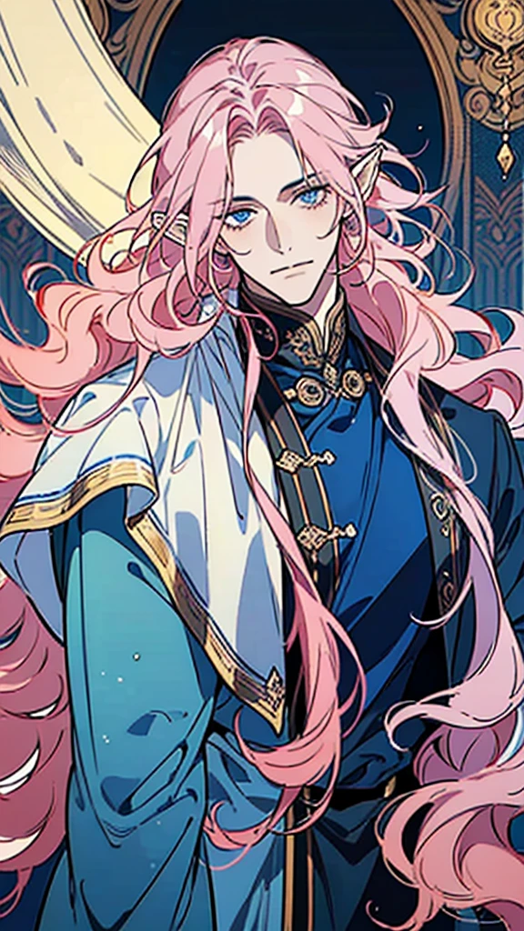 ((masterpiece)), ((one man)), man, man in late 30s, dark skin, blue eyes, detailed eyes, elve ears, pink hair, long hair, long curly hair, ((curly hair)), curly hair, tall, handsome, mature, blue clothes,
