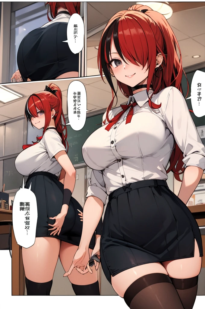 masterpiece, best quality, highres, hmlain, long hair, ponytail, streaked hair, hair over one eye, , ear piercing, , black choker,, smile,big breasts,pleated skirt,miniskirt,thighhighs,white shirts,ribbon,classroom