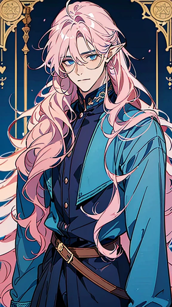 ((masterpiece)), ((one man)), man, man in late 30s, dark skin, blue eyes, detailed eyes, elve ears, pink hair, long hair, long curly hair, ((curly hair)), curly hair, tall, handsome, mature, blue clothes,
