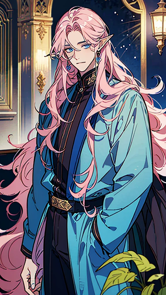 ((masterpiece)), ((one man)), man, man in late 30s, dark skin, blue eyes, detailed eyes, elve ears, pink hair, long hair, long curly hair, ((curly hair)), curly hair, tall, handsome, mature, blue clothes,
