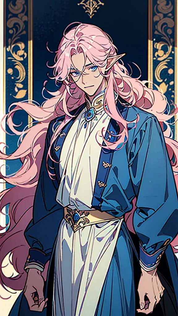 ((masterpiece)), ((one man)), man, man in late 30s, dark skin, blue eyes, detailed eyes, elve ears, pink hair, long hair, long curly hair, ((curly hair)), curly hair, tall, handsome, mature, blue clothes,
