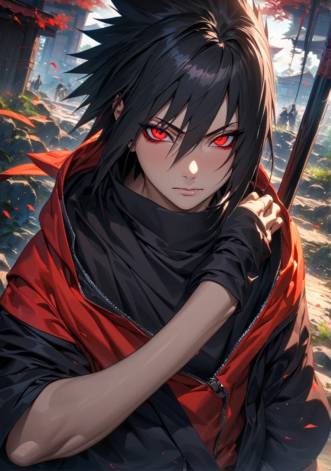 (absurdres, highres, ultra detailed, HDR), master piece, best quality, Uchiha Sasuke, black hair, vibrant red eyes, Naruto Shippuden