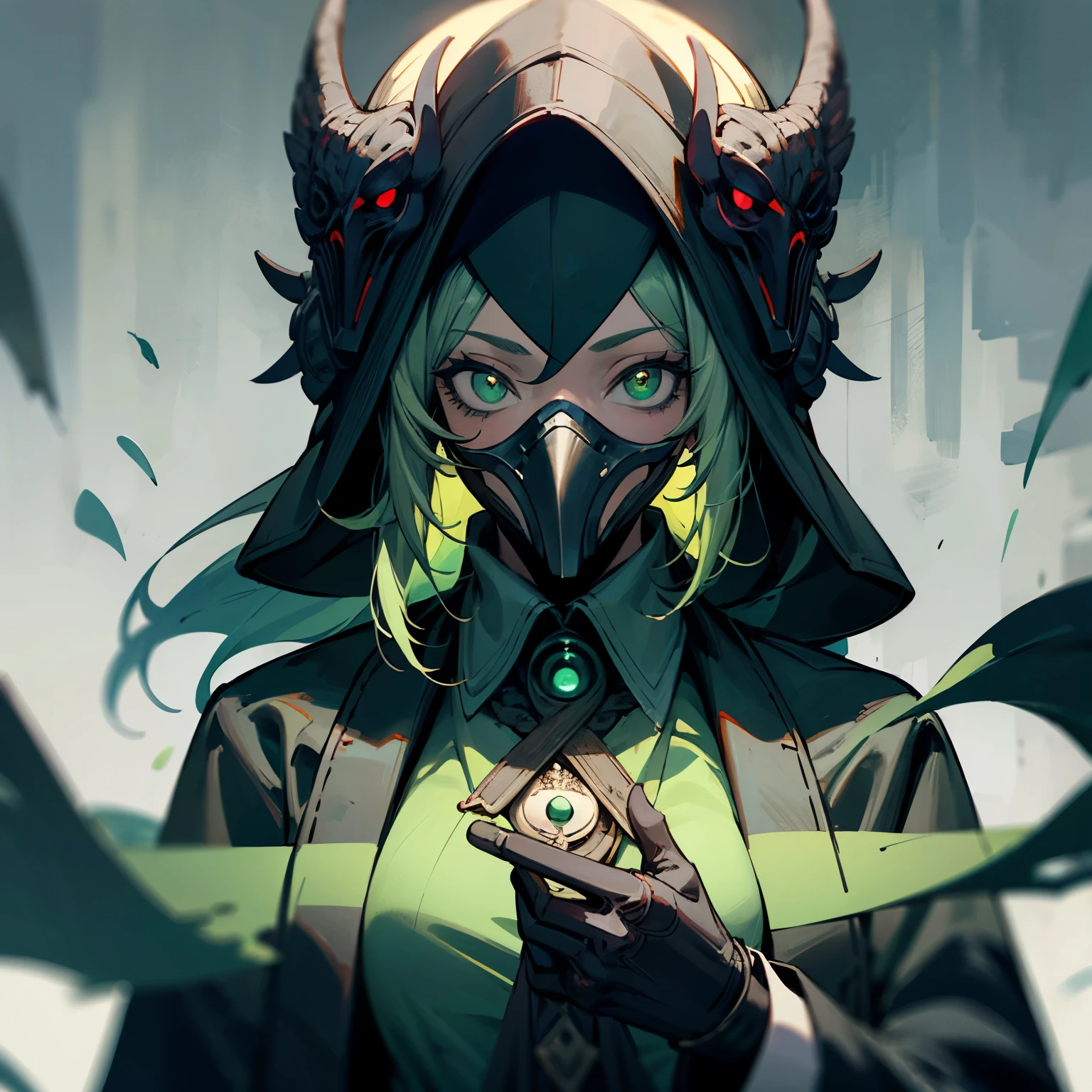 ((best quality)), ((masterpiece)), (detailed), 1girl, green gas around body, plague doctor mask, green robes, glowing green eyes, green hair