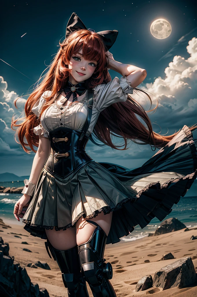 night, moon, stars, cowboy shot, (dynamic pose), smile,  underbust, Penny Polendina, long red hair, neck ribbon, suspender skirt, corset, black bow, white blouse, mechanical legs, neon trim, flying in the sky, over ocean, blue sky, clouds (volumetric lighting), intricate details, tonemapping, sharp focus, hyper detailed

