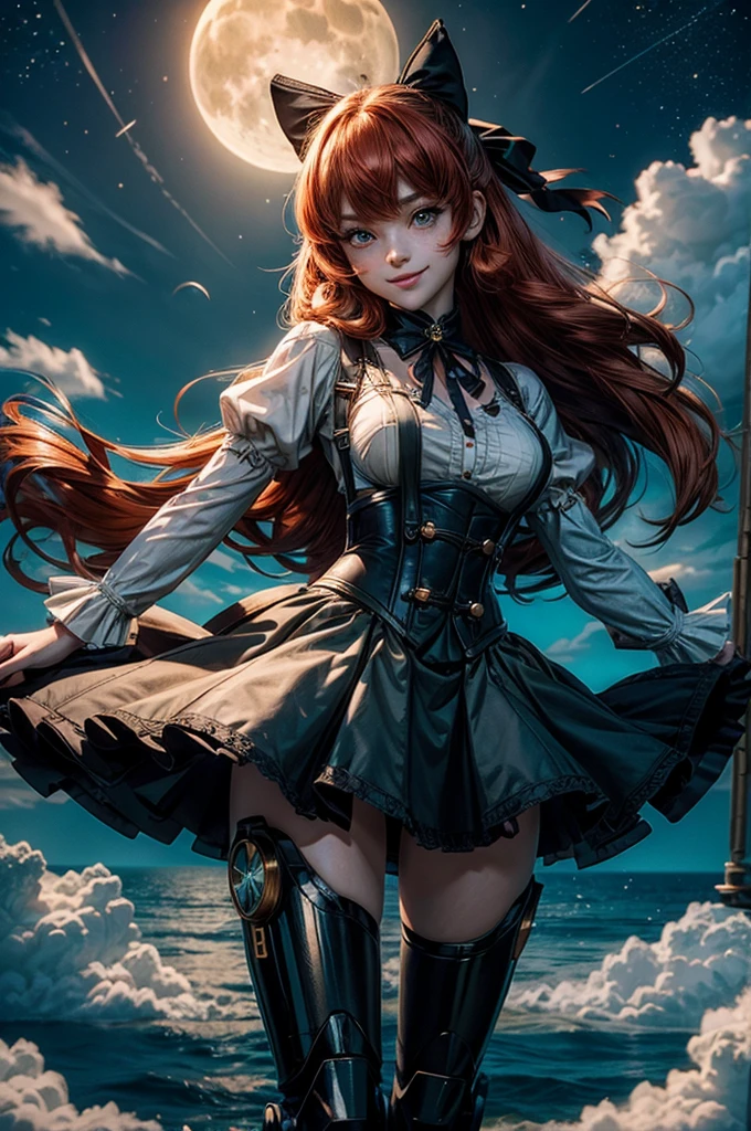 night, moon, stars, cowboy shot, (dynamic pose), smile, underbust, Penny Polendina, long red hair, neck ribbon, suspender skirt, corset, black bow, white blouse, mechanical legs, neon trim, flying in the sky, over ocean, blue sky, clouds (volumetric lighting), intricate details, tonemapping, sharp focus, hyper detailed