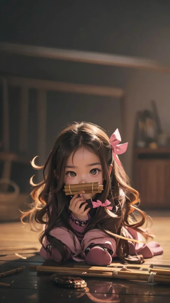 A very cute , sitting on the floor, with wavy brown hair, pink eyes, with a piece of bamboo in your mouth.