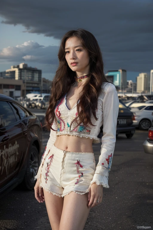 dramatic,Tense atmosphere,((masterpiece)),((best quality)),((High Detail)),((Practical,)) Film Grain,Spectacular clouds,Coastline night scene,Alafid landscape of the coastline, Building Street, market, Cyberpunk, European Architecture, night, neon, Panoramic view, Various buildings, Japanese weird style,Movie stills,1 Woman,Stand on the rooftop,Charming long hair,Collar,Collar,Collar,Delicate face, Delicate and eye-catching, Very detailed eyes,Charming clavicle,(((Complex American Western cowboy clothing、Colorful,embroidery,pattern))),Beautiful long legs,High heel,Very detailed details,Standing