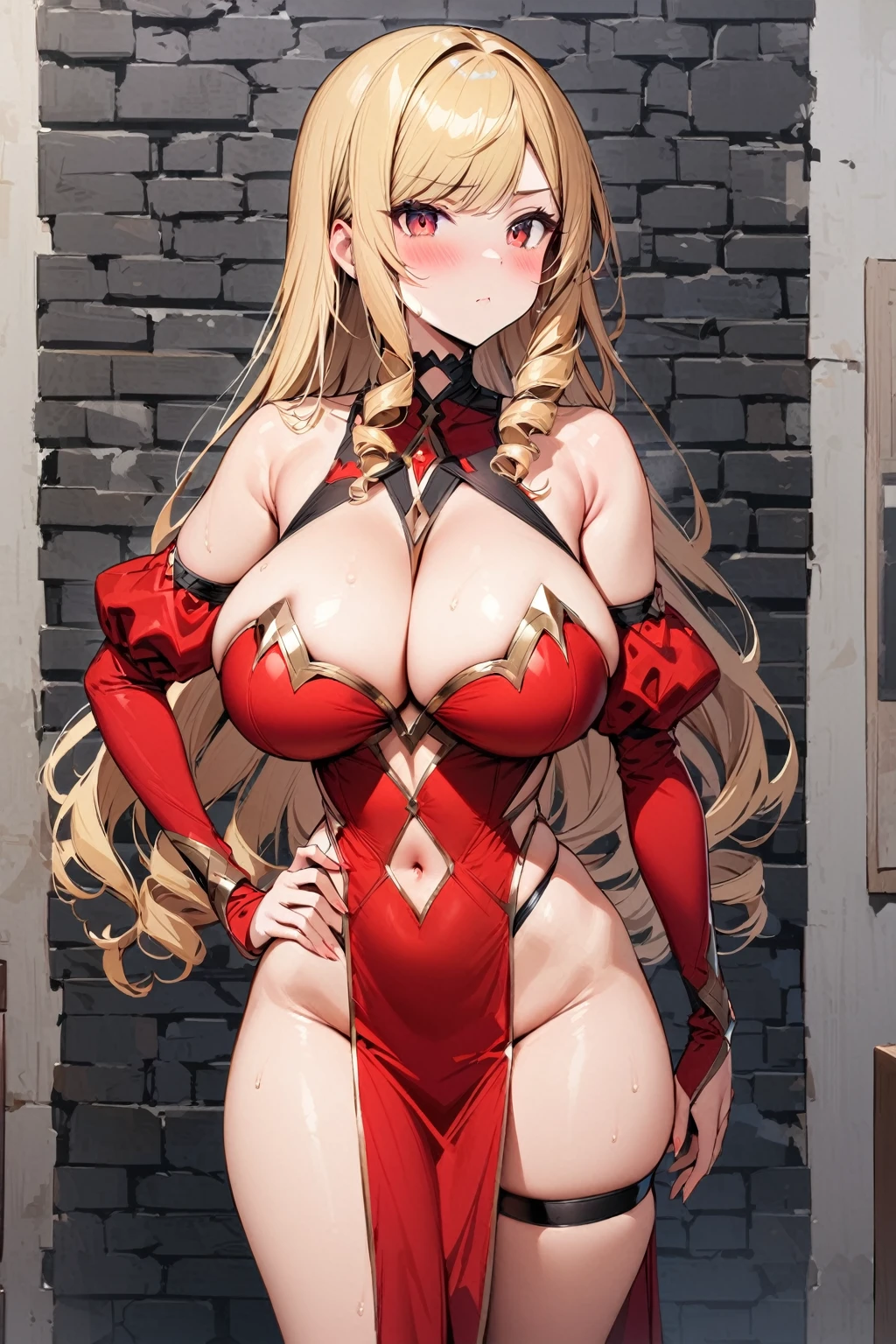 masterpiece, best quality, 1girl, bare_shoulders, blonde_hair, blush, breasts, brick_wall, center_opening, choker, cleavage, closed_mouth, clothing_cutout, detached_collar, detached_sleeves, dress, drill_hair, hand_on_own_hip, hands_on_own_hips, huge_breasts, jewelry, long_hair looking_at_viewer, looking_to_the_side, navel, navel_cutout, pelvic_curtain, red_dress, red_eyes, revealing_clothes, skindentation, solo, strapless, strapless_dress, swept_bangs, thigh_strap, thighs
