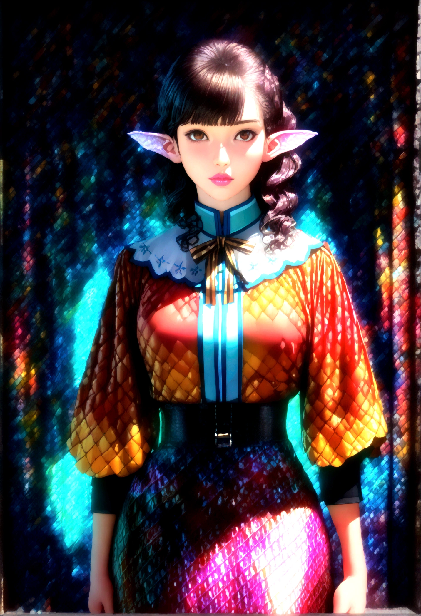(Frontal focus), (in dark:1.6), Hyper-realistic portrait of a woman by David Hockney and Alphonse Mucha, Fantasyart, photo realist, dynamic lighting, art station, posters, volumetric lighting, Very Detailed Faces, 4K, awardwinning, 1 girl, in dark, deep shadow, subtle, cowboy shot, (official clothing:1.4), long black hair wavy ends, eyes browns, pale skin, mermaid, full, pale lips, lilac scales only on the cheeks and lilac pointed ears at the tip