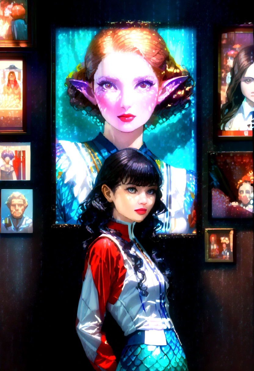 (Frontal focus), (in dark:1.6), Hyper-realistic portrait of a woman by David Hockney and Alphonse Mucha, Fantasyart, photo realist, dynamic lighting, art station, posters, volumetric lighting, Very Detailed Faces, 4K, awardwinning, 1 girl, in dark, deep shadow, subtle, cowboy shot, (official clothing:1.4), long black hair wavy ends, eyes browns, pale skin, mermaid, full, pale lips, lilac scales only on the cheeks and lilac pointed ears at the tip