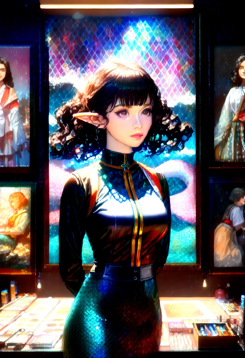 (Frontal focus), (in dark:1.6), Hyper-realistic portrait of a woman by David Hockney and Alphonse Mucha, Fantasyart, photo realist, dynamic lighting, art station, posters, volumetric lighting, Very Detailed Faces, 4K, awardwinning, 1 girl, in dark, deep shadow, subtle, cowboy shot, (official clothing:1.4), long black hair wavy ends, eyes browns, pale skin, mermaid, full, pale lips, lilac scales only on the cheeks and lilac pointed ears at the tip