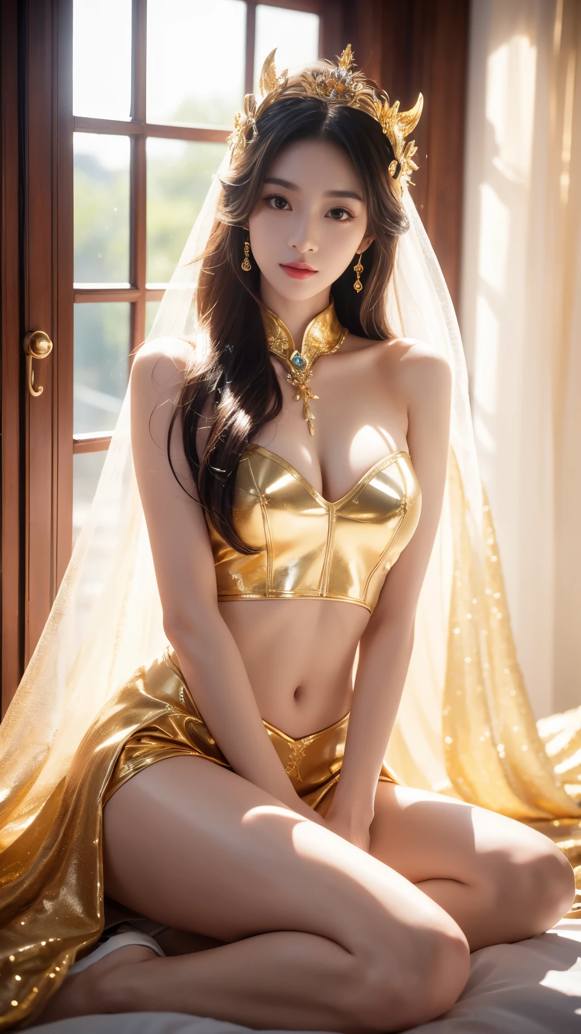 4K, UHD, masterpeice, 1 girl, petfect body, good face, very long hair, ((white skin)), fairytale outfit, golden coutfit, bare waist, fujicolor, window, depth of field, ray tracing, ultra realistic detailes, sitting,