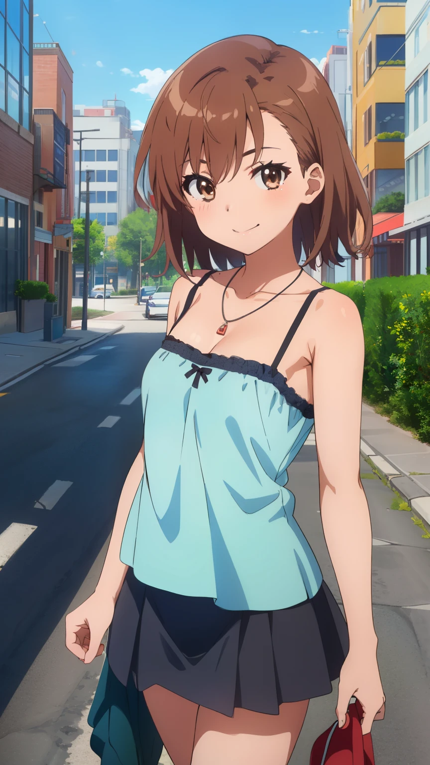 (masterpiece, best quality, 8k:1.2),Very detailed, (anime:1.1), misaka_mikoto, brown hair, medium hair, hairpin, , medium breasts, 1girl, (camisole, necklace, miniskirt, boots, city, strong, smile), Cowboy shot, looking at viewer,