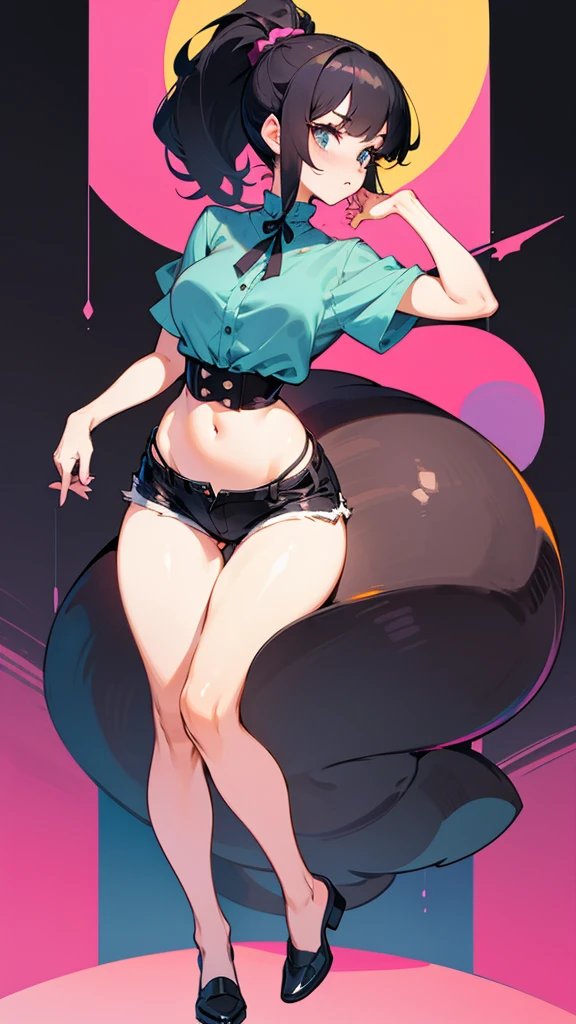 believe me a girl who has medium short black hair with a ponytail with very big legs and waist girl with very big hips and medium bust with mini shorts and blouse