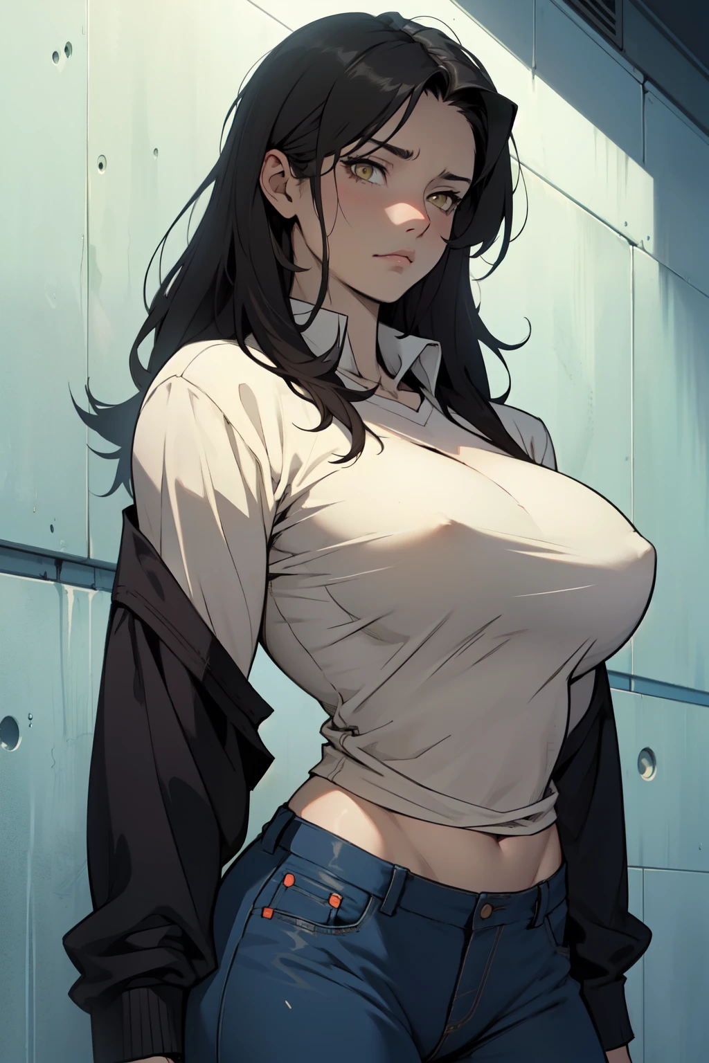 sad girl muscular muscular muscular breasts breasts breasts thick thick thick thick black hair yellow eyes pale skin pale skin thick thick thick long sleeve dark atmosphere thick thick thick thick thick thick muscular simple background sad sad sad sad tigth shirt