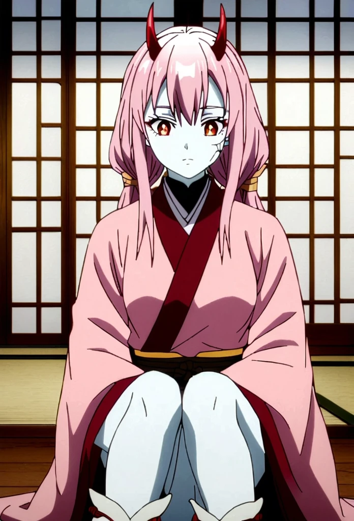 Demon slayer screencap of a Woman, Light pink hair with dark tips, golden eyes with cat-like pupils, small red horns, pale skin, black cracks with gold accents on the face and neck wearing pants with slits on the sides of both legs, and the dark pink hunter uniform on the top, large red nails, pink kimono with red and red spider lilies drawn Traditional Chinese slippers . Scenery Daylight in a traditional Japanese house. UFOTABLE studios screencap