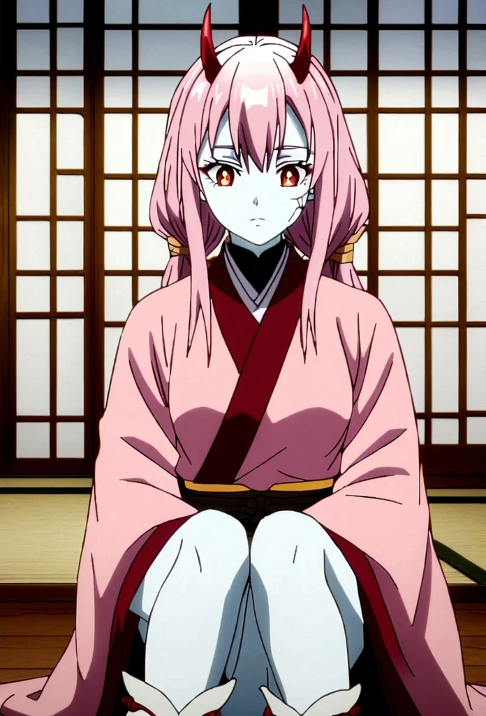 Demon slayer screencap of a Woman, Light pink hair with dark tips, golden eyes with cat-like pupils, small red horns, pale skin, black cracks with gold accents on the face and neck wearing pants with slits on the sides of both legs, and the dark pink hunter uniform on the top, large red nails, pink kimono with red and red spider lilies drawn Traditional Chinese slippers . Scenery Daylight in a traditional Japanese house. UFOTABLE studios screencap