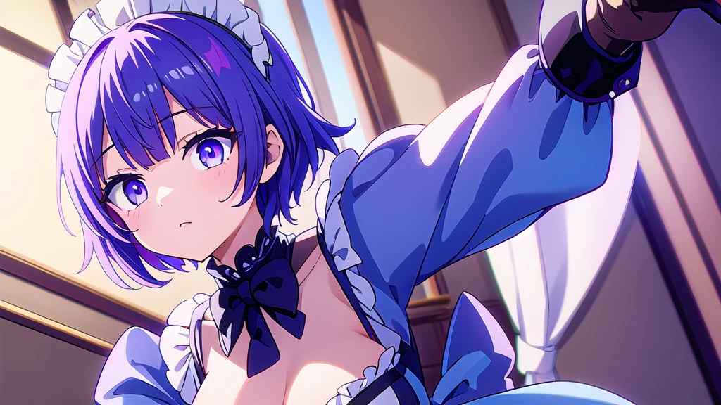 1girl, short purple hair, cute eyes, wearing maid costume, close portrait, close, high res, ultrasharp, 8K, masterpiece, looking at viewer