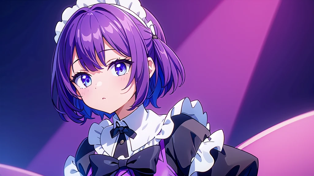 1girl, short purple hair, cute eyes, wearing maid costume, close portrait, close, high res, ultrasharp, 8K, masterpiece, looking at viewer