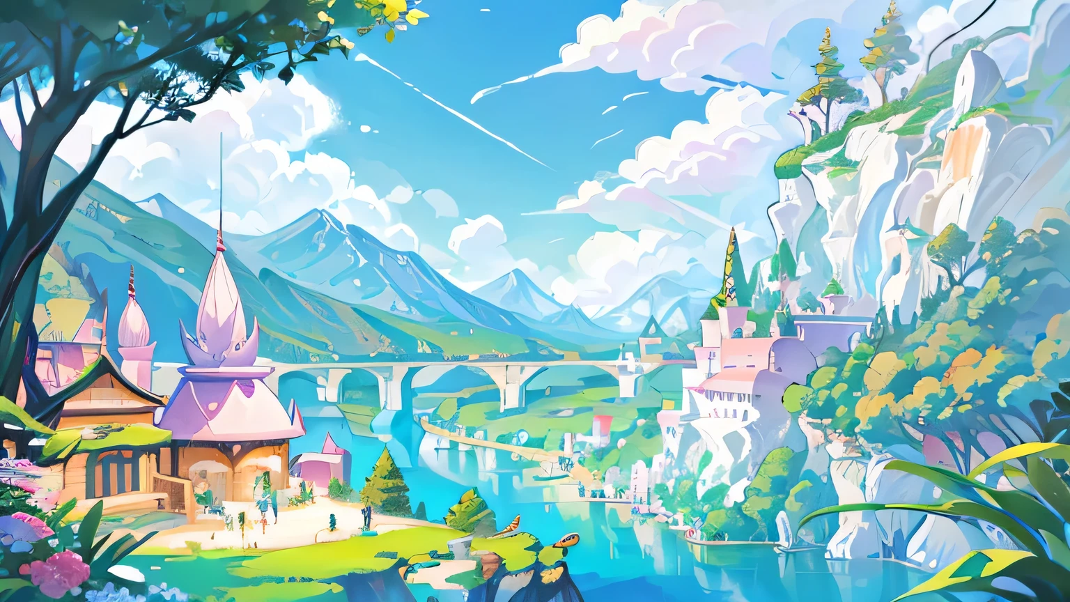 studio ghibil style, a valley with a lake with a lot of animals, a small city, a shiny day with clouds