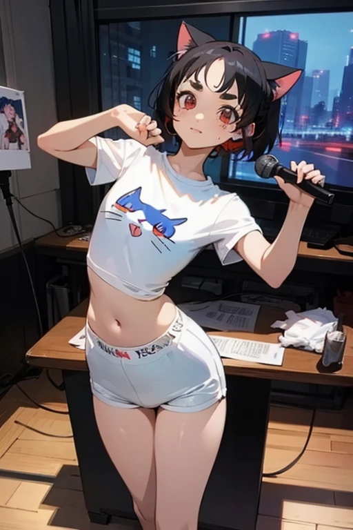 anime style,artistic, masterpiece,best quality,ssuper detailed,super fine illustration, highly detailed, dynamic angle, beautiful detailed, 8k,detailed background, On a summer afternoon, in a music studio, BREAK a female is dancing  . She is wearing a white T-shirt with a graffiti art-style cat illustration.Break very short hair,flat chest,black  hair,red-eyes,(full-face brasched:1.3),perfect hands,perfect fingers,Tsurime ,thick eyebrows,holding microphone in right hand,headset,pov,perfect legs,cool,cat years,cat pose,(LoRA:0.7),dancing,sweat 