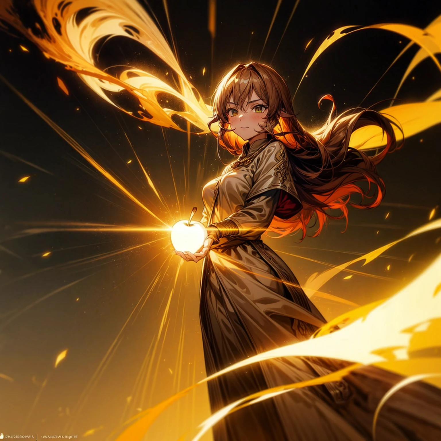 1girl, Full body version, 1character, adult version, green eyes color, long haircut, brown colour hair, Happy expression, Bandage on his hand, medieval style clothing, gold Apple in hand, background in town, motion blur, aura effect, lighting gold Apple, smoke aura in hand, lighting fire, fire effect, sunlight, Light silhouette, golden light aura, apple emitting smoke aura