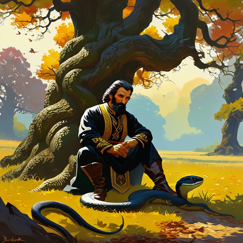Caucasus nationality, Georgian Middle-aged man in traditional outfit, with serious face, who is sitting under giant oak tree, The oak tree Bound by snake, man caressing little dear, Autumn, leaf on ground, by Frank frazetta full body profile, trending on artstation, dramatic lightning, ultra hd