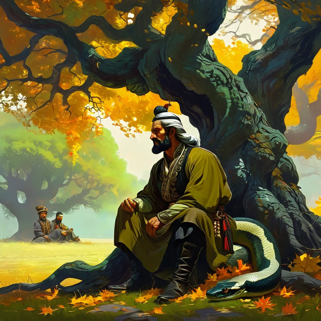 Caucasus nationality, Georgian Middle-aged man in traditional outfit, with serious face, who is sitting under giant oak tree, The oak tree Bound by snake, man caressing little dear, Autumn, leaf on ground, by Frank frazetta full body profile, trending on artstation, dramatic lightning, ultra hd