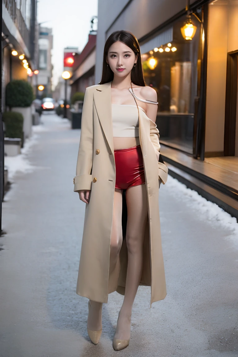 best quality, 4K, 8K, Delicate face, Clear face, full-body shot，beautiful girl, Korean Makeup, Red lips, Smilingly, Perfect body,Shoulder-length hair,small,Leg length,Slim,Thin, girl in a long, wide coat, Underneath the jacket is the top tube and laces, Lower abdomen, Snow Scene, Winters, street,