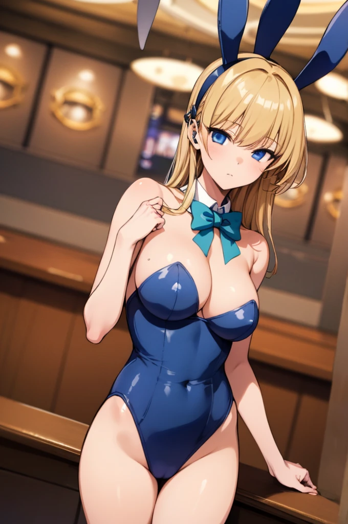 (masterpiece, best quality:1.2), cowboy shot, solo, 1girl, tokibunny, playboy bunny, expressionless, closed mouth, long blonde hair, fake animal ears, blue eyes, blue leotard, blue bow,looking viewer,casino,big breasts