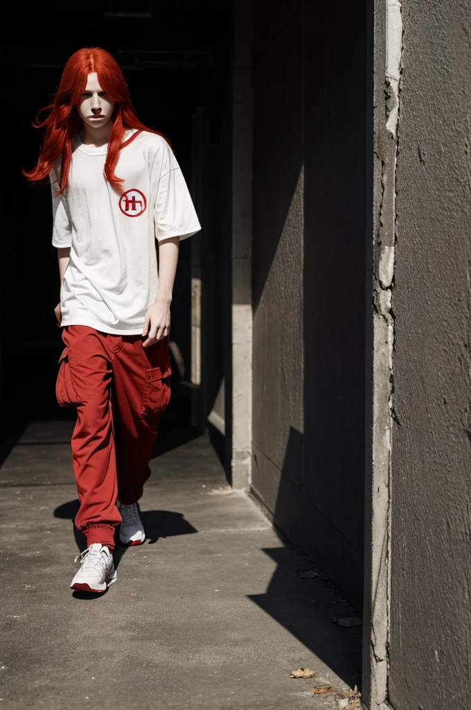 A boy with long red hair, white eyes, clear skin, baggy clothes, walking from afar, black background with red circles, shadow covering half of the boy's face